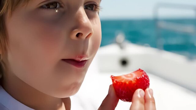 Young child biting into a fresh ripe strawberry on a boat with a vibrant blue ocean background for healthy eating and summer vacation concept