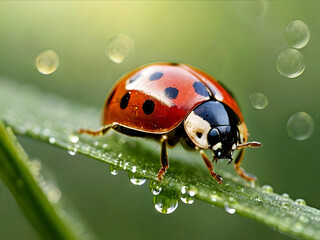 a ladybug on grass with water drops in soft morning light