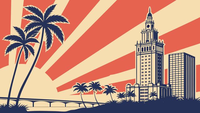 Miami skyline with the freedom tower, palm trees in the sunny florida background. Perfect for travel guides, postcards, and miamithemed websites.