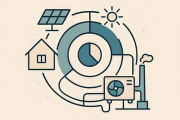 Fototapeta premium Sustainable energy systems integrating solar power, home efficiency, and environmental impact represented through visual schemes expressing future innovation