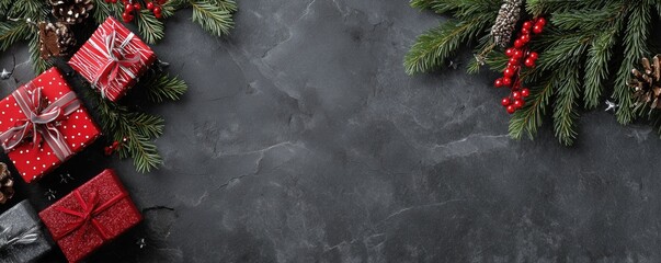 christmas background with black color and christmas decoration border on the right side, flat lay banner design with copy space for text Generative AI