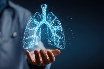 Doctor holds glowing digital lungs over dark background