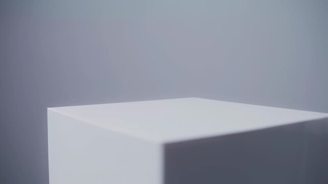 White cube pedestal against a muted gray background