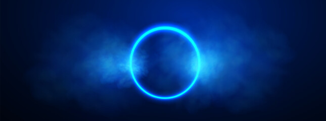 Blue neon glowing circle, thick blue smoke, fog, banner. Vector illustration.