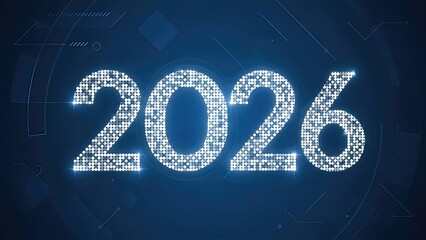 Glowing white 2026 text made of small pixels on dark blue background with futuristic vibe for technology