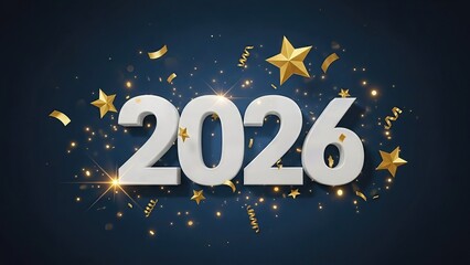 Fototapeta premium New year 2026 celebration with gold stars and confetti on dark blue background