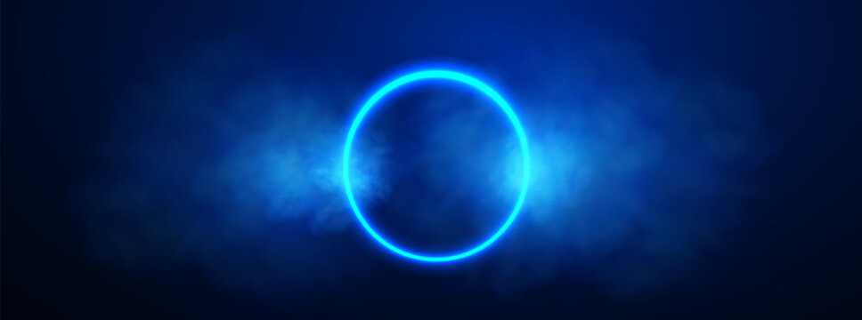 Blue neon glowing circle, thick blue smoke, fog, banner. Vector illustration.