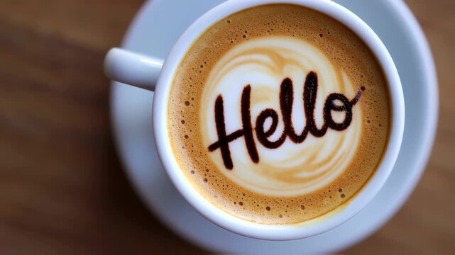 A cup of cappuccino with the word "Hello" artfully drawn in the foam