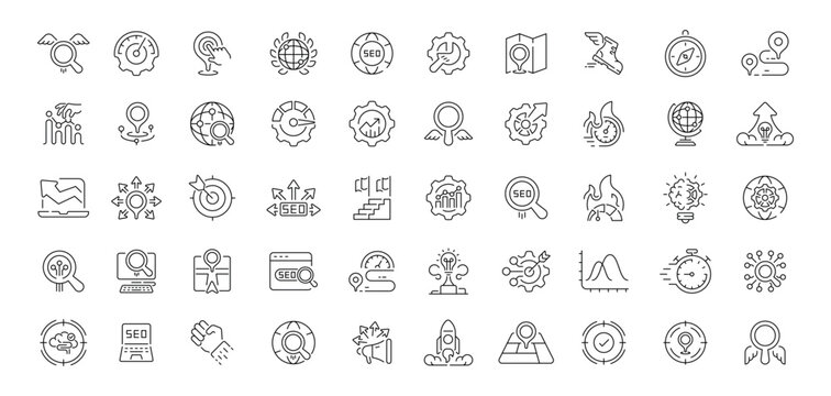 Seo and marketing icons set. editable line icons, analytics and strategy symbols