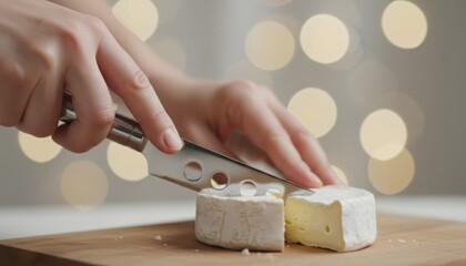 Close Up Of Hands Slicing Soft Brie Cheese On Wooden Board With Bokeh Lights Background