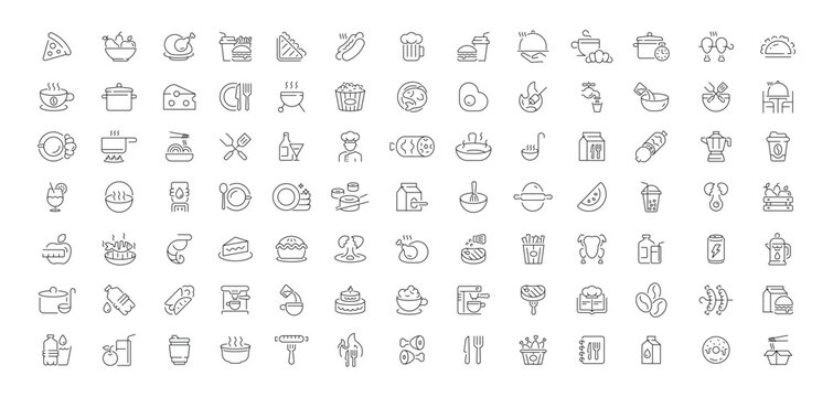 Food and cuisine editable line icons set. culinary and cooking symbols