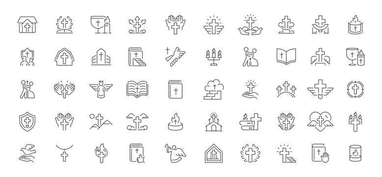 Religious editable line icons set featuring linear, sacred and spiritual symbols