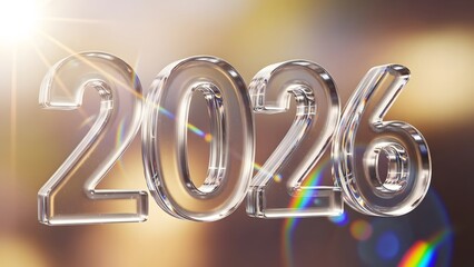 Transparent glass-style “2026” digits with light reflections and rainbow hues on a blurred background