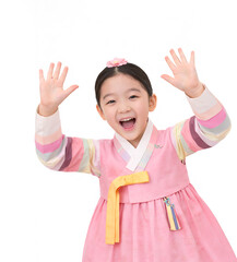 양손을 번쩍 들고 환호하는 귀여운 색동 한복 여자 어린이 (설날, 추석, 명절, 새해 인사)