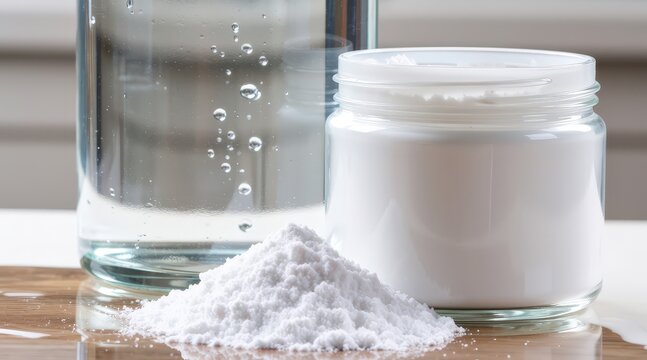 Close-up of baking soda and water on a wooden countertop, showcasing natural cleaning. Use: kitchen product photography, home improvement website.