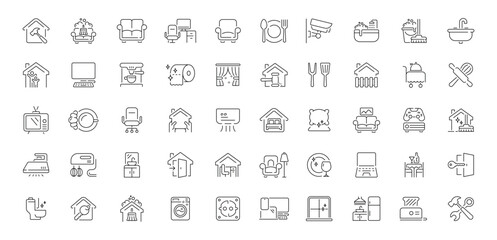 Home essentials editable line icons set: linear style, furniture, and decor graphics