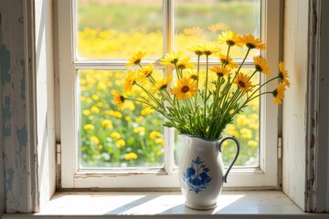 Sunlight illuminates a white pitcher of yellow flowers by an open country house window with field view. Use: home decor inspiration, seasonal.