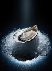 Single Open Oyster Resting on Crushed Ice with Dramatic Spotlight on Dark Background