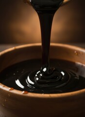 Thick Dark Molasses Pouring Into Wooden Bowl With Warm Lighting And Rustic Background