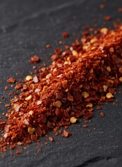Close Up Macro View of Dried Red Chili Flakes Scattered Across a Dark Slate Surface with Visible Seeds and Texture Illuminated by Soft Light