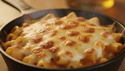Close up of Baked Macaroni and Cheese with Golden Melted Mozzarella in Cast Iron Skillet