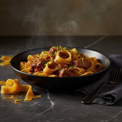 Steaming Hot Paccheri Pasta With Rich Meat Rag? Sauce Garnished With Grated Cheese And Parsley Served In A Black Bowl On A Marble Table With A Dark Napkin And Fork