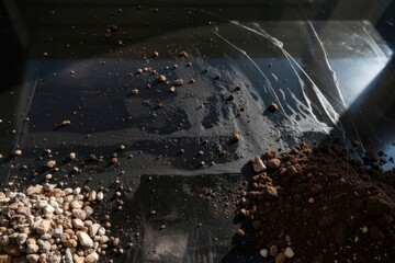 Small rocks, soil and white gravel spread over a black plastic sheet outdoors. Use: gardening guide cover, agriculture textbook illustration.