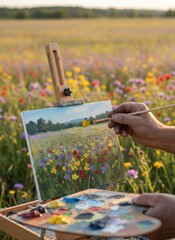Artist Captures Vibrant Wildflower Meadow Painting Outdoors With Palette And Brush