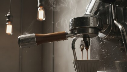 Close Up Of Espresso Machine Brewing Coffee With Steam And Water Droplets In Industrial Style Cafe With Edison Bulbs