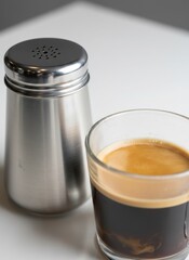 A Stainless Steel Salt Shaker Sits Next To A Small Glass Of Rich Espresso Coffee On A White Table Surface