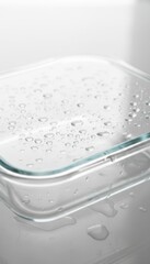 Clear Glass Food Container With Water Droplets Reflecting Light On White Surface Minimalist Studio Photography