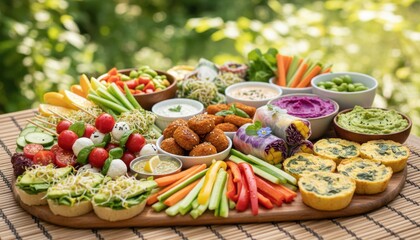 Vibrant Vegetable Platter With Dips And Mini Quiches In Natural Sunlight Outdoors Featuring Colorful Fresh Produce And Appetizers Ready For Sharing
