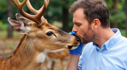 Man with gloved hand gently nuzzles a deer in forested area. Use: wildlife rehabilitation center brochure, conservation documentary.