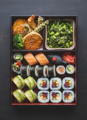 Assorted Sushi Bento Box With Salmon Avocado Rolls And Vegetable Tempura On Dark Wood Table