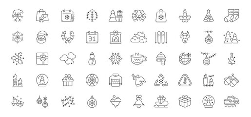 Fototapeta premium Christmas and winter holidays editable line icons set: seasonal, festive symbols