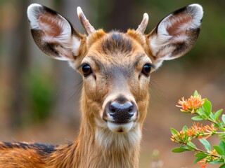 A young deer stands in a lush forest, gazing curiously at the camera. Use: wildlife calendar cover, nature book illustration.