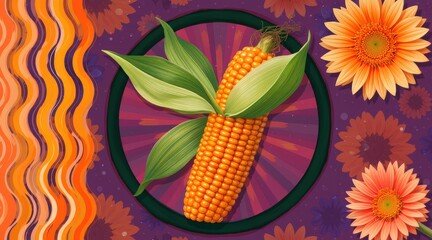 A vibrant illustration of a golden ear of ripe maize surrounded by sunflowers and green leaves, set against a purple backdrop. Use: cookbook cover.