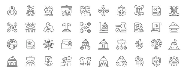 Government and politics editable line icons set. civic symbols and public affairs graphics