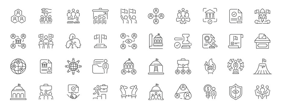 Government and politics editable line icons set. civic symbols and public affairs graphics