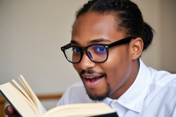 A young black male student reads a textbook with focus in an educational setting. Use: academic posters, study guides, college websites.
