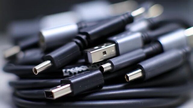 Close-up of various electronic connectors bundled together