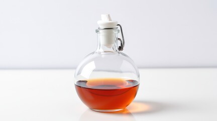 A clear glass bottle with amber liquid, white stopper on minimalist tabletop. Use: product catalog cover, wellness website header.