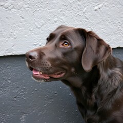 A brown chocolate Labrador puppy sits alertly near a textured wall, tongue out and eyes bright. Use: pet product packaging, veterinary clinic decor.