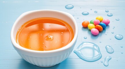 A white bowl filled with orange liquid sits on a light blue wooden surface, surrounded by colorful candies and water droplets. Use: confectionery.