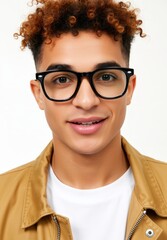 A young person with ginger curly hair and a light brown jacket stands in bright natural light. Use: fashion editorial, portrait session.