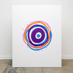 Vibrant circular artwork with bright colors on a clean white canvas. Use: home decor, office wall art.