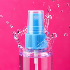 A clear spray dispenses water droplets mid-air over a bright magenta backdrop, emphasizing purity and vitality. Use: beauty product packaging.