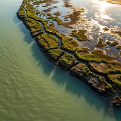 Aerial view captures a sunlit salt marsh with green grass and shallow water during low tide; natural patterns of land and sea are highlighted. Use.