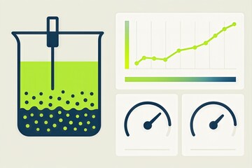 Laboratory flask showcasing vibrant green liquid with data graphs indicating chemical reaction progress and efficiency metrics symbolizing scientific discovery and innovation