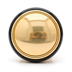 A large, shiny gold circular button with a black rim sits on a white background. Use: luxury product catalog, interior design inspiration.